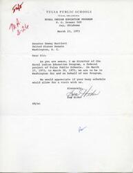 ["The Director of the Rural Indian Education Program at Tulsa Public Schools is requesting a meeting with Senator Dewey Bartlett during their upcoming visit to Washington D.C. on behalf of their program."]