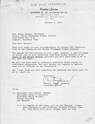 ["The Governor of the Chickasaw Nation, Overton James, responds to correspondence from the Carter County Chickasaw Tribal Council regarding the agenda for the Annual Chickasaw Tribal meeting. He offers to answer questions regarding tribal matters in his State of the Nation Message, but requests that individual situation-related questions be sent in the next few days. Additionally, he addresses a specific case of a family without water and informs that a new well will be drilled for them. There is also a separate letter from the Tribal Council requesting immediate action for families facing eviction from Housing Authority projects."]