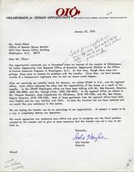 ["The document is from Oklahomans for Indian Opportunity, expressing concerns about a transfer of their organization to the Office of Native American Programs in Washington, D.C. They are experiencing difficulties with receiving their monthly check and are seeking assistance from Senator Dewey Bartlett's office to resolve the issue and ensure that the transfer does not result in the defunding of their organization."]