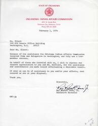 ["The document is a thank you note from Roy Robert Gann, Jr., Executive Director of the Oklahoma Indian Affairs Commission, to Ms. Elbert for her assistance and contribution during a successful trip to Washington, D.C. Gann expresses gratitude and offers assistance in return."]