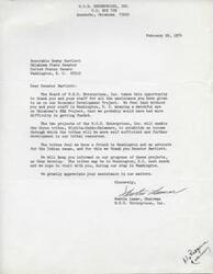 ["The document from W.C.D. Enterprises, Inc. to Senator Bartlett expresses gratitude for his assistance with their Economic Development Project. They credit him and his staff in Washington, D.C. with helping them secure funding for their projects that will benefit the tribes of Wichita-Caddo-Delaware. The document also mentions that the tribes feel they have an advocate in Senator Bartlett and plan to keep him updated on their progress. The Chairman of the company, Newton Lamar, signs the letter."]