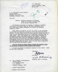 ["Joe Tyson, a landowner in Duncan, Oklahoma, received an offer of $6,300 from the Oklahoma Department of Highways for a 13.38-acre property for the purpose of rerouting Highway 81 South. Tyson felt the offer was inadequate and raised concerns about the value of the property, relocating water meters, gates, and fences, and mineral rights. The United States Department of the Interior assured Tyson that his rights would be protected and explained the process for negotiating compensation. The Highway Department filed for condemnation to acquire the property, and Tyson was advised to secure legal counsel if he was not satisfied with the compensation offered. The matter was brought to the attention of Senator Dewey Bartlett for further assistance."]