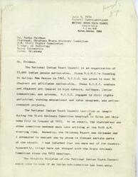 ["The National Indian Youth Council, with over 15,000 members nationwide, is reaching out to Dr. Nancy Feldman, chairman of the Oklahoma State Advisory Committee, to inquire about the establishment of an Indian sub-committee and plans for a follow-up report to the Oklahoma Report. They express willingness to assist in any way possible and look forward to a response."]