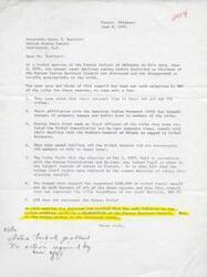 ["A letter from the Pawnee Indians of Oklahoma to Senator Dewey F. Bartlett expressing disapproval of the recent court decision naming Austin Realrider as Chairman of the Pawnee Indian Business Council. The tribe feels that the council does not represent their interests and has violated the Tribal Constitution and By-laws. They are calling for a re-election of the Council. The document also mentions an ongoing dispute within the tribe, involving allegations of pipe hoarding and black-market activities among council members. A court ruling by United States District Judge Fred Daugherty names Austin Realrider as the president of the council, voiding a previous ruling that designated Thomas Chapin Jr. as president. The document also mentions concerns about fair distribution of pipe among oil companies."]