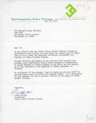 ["The document includes letters related to various programs and issues concerning Indian education and health services in Oklahoma. The first letter thanks a senator for funding the Indian Intern Teacher Training Program at Northeastern State College. The second letter urges Chief Tinker of the Osage Tribe to reconsider contracting with Indian Health Services for their own program. The third letter addresses a request for information on Choctaw tribe financing and expresses interest in the Area Director position of the Bureau of Indian Affairs in Muskogee."]