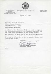 ["The Governor of the Chickasaw Nation, Overton James, expresses gratitude to Senator Dewey F. Bartlett for flying an American flag over the Capitol. The flag will be displayed at the Chickasaw Motor Inn, and the Governor offers to be of service to the Senator."]