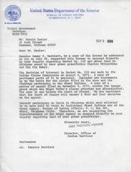 ["The document is a response to Mr. Harold Kesler's inquiry about Docket No. 130 and land owned by his great grandfather, Charles Mitmschkee, in Oklahoma. The Bureau of Indian Affairs is providing information on the Indian Claims Commission's decision, the Miami Tribe's claims, and the location of records pertaining to lands owned by Miami Indians. Senator Dewey F. Bartlett has requested a direct response to Mr. Kesler's inquiry and assures him that he will receive a response soon."]