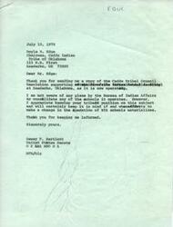 ["The Caddo Indian Tribe of Oklahoma, through a resolution, supports maintaining the Riverside Indian School facility in Anadarko, Oklahoma. They believe the school adequately fulfills the needs of Caddo youth and consolidating it would be detrimental. United States Senator Dewey F. Bartlett acknowledges the resolution and states that there are no current plans to consolidate schools operated by the Bureau of Indian Affairs. He appreciates knowing the tribe's position on the matter."]