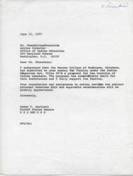 ["Senator Dewey F. Bartlett wrote to Ms. Gwendoline Shunatona, Acting Director of the Office of Indian Education, expressing his support for Bacone College's proposal for funding under the Indian Education Act. He believes the proposal has merit and requests fair and equitable consideration for the institution."]