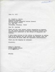 ["Senator Dewey F. Bartlett expresses support for the Indian Children Education Resource Program submitted by the Washita Valley Community Action Council and the project to establish a Tribal radio station in Wisconsin. He has written to the Office of Education to request fair consideration for both projects."]