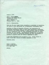 ["John C. Schwarzwalder of the Oklahoma City Public Schools Broadcasting Center wrote to Senator Dewey F. Bartlett requesting assistance in determining the status of their application for an Educational Broadcasting Grant. The application is among those recommended for filing in the Federal Register and is in competition with other applicants. Final announcements of grantees are expected in September. Schwarzwalder also requested Bartlett's aid in inquiring about the disposition of their application with the Department of HEW."]
