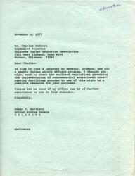 ["The document is from Dewey F. Bartlett, a United States Senator from Oklahoma, to Charles Redcorn, the Executive Director of the Oklahoma Indian Education Association. Bartlett is informing Redcorn about regulations for implementing noncommercial educational broadcasting programs that may be useful for OIEA's proposed weekly Indian Public Affairs program. Bartlett offers further assistance and asks Redcorn to reach out if needed."]