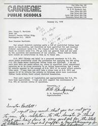 ["The document is addressed to Senator Bartlett regarding proposed amendment H.R. 9810 to Pubic Law   874, which could affect schools receiving federal assistance for restricted Indian lands. The superintendent expresses concern and opposition to the amendment, and urges Senator Bartlett to oppose it and support the continuance of Pubic Law   874 at current levels. The superintendent also expresses regret that Senator Bartlett is not running for reelection and praises his work for the state of Oklahoma."]