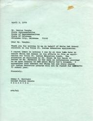 ["Representative George Vaughn wrote to Senator Dewey Bartlett seeking assistance for White Oak School to file an application for Title IV, Indian Education funds. However, Senator Bartlett responded that there was nothing he could do to assist at that time. The State Department of Education also expressed regret that White Oak's application was lost in the mail and they would not be able to receive funding for the 1978-1979 school year. They offered to provide assistance in the future if needed."]