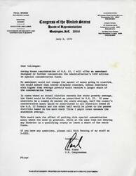 ["Paul Simon, a United States Congressman from the 24th District of Illinois, is proposing an amendment to concentrate special funds for school districts with higher poverty rates. The amendment aims to distribute funds based on need while ensuring that all qualifying districts receive a share. The document also includes information on Johnson-O'Malley funding and the effect of formula changes on various states' funding allocations."]