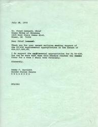 ["The Chief of the Miami Tribe of Oklahoma sent a mailgram to Senator Dewey F. Bartlett seeking support for a $10,117,000 supplemental appropriation for PL 93-638. Senator Bartlett responded, expressing his support for the appropriation and promising to vote favorably when it reaches the Senate floor."]