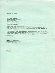 ["Senator Dewey Bartlett received a mailgram from Mr. Les Cusher of the Inter-Tribal Council seeking support for a supplemental appropriation for PL 93-638. Senator Bartlett responded that he supports the appropriation and will vote favorably when it reaches the Senate floor."]