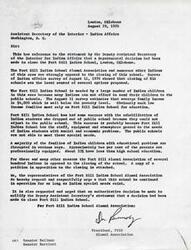 ["The document is a series of letters from the Fort Sill Indian School Alumni Association and concerned Indian individuals urging the Assistant Secretary of the Interior for Indian Affairs to keep the Fort Sill Indian School in Lawton, Oklahoma open. They argue that the school is necessary for Indian children in the area who cannot afford to attend public schools and that it provides a supportive environment for students with social and economic problems. They request support in preserving the school and disagree with the decision to close it in the fall of 1979."]