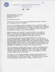 ["The document from the Office of Bilingual Education to Senator Bartlett thanks him for endorsing a proposal from the Cherokee Nation of Oklahoma for the Title VII bilingual education program. The process for reviewing and selecting proposals is explained, with reader/panelists scoring applications based on criteria and recommending funding for the highest scoring proposals. Final decisions will be made by June 30 and are based on merit. The Office assures that all proposals will be given careful consideration."]