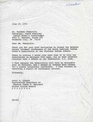 ["The document is a response declining an invitation to attend the Seventh Annual National Conference of the North American Indian Women's Association due to work commitments in Washington, D.C. The writer expresses best wishes for a successful conference and looks forward to receiving a report of the conference actions."]