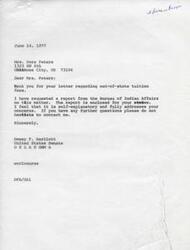 ["Mrs. Dora Peters wrote a letter to Senator Dewey Bartlett expressing concerns about out-of-state tuition fees not being covered by the Bureau of Indian Affairs for Native American students. Senator Bartlett requested a report from the Bureau of Indian Affairs, which stated that tuition costs are based on public-supported comparison costs and that students attending private or out-of-state institutions must cover the difference in cost. The Bureau provided regulations and proposed revisions for Mrs. Peters to review and provide feedback on. Senator Bartlett was urged to push for more funds to be allocated to the B.I.A. for higher education purposes."]