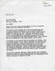 ["The document is from a concerned individual expressing their belief that Indian students are receiving special treatment in education and housing. They question the $2.30 minimum wage paid to Indian students in a vocational technical program and the provision of free housing, food stamps, and healthcare. The writer believes in equal opportunities for all citizens and requests that Indians be treated the same as other taxpaying Americans. The response from Senator Dewey F. Bartlett explains that any special treatment for Indians is due to historical and legal obligations of the Federal government."]