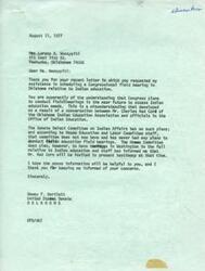 ["Mrs. Lorena A. Woosypiti wrote a letter to Senator Dewey F. Bartlett requesting his assistance in scheduling a Congressional field hearing in Oklahoma regarding Indian education. However, Senator Bartlett clarified that there are no current plans for such hearings, but there will be hearings in Washington in the fall where Mr. Red Corn will be invited to present testimony. Senator Bartlett thanked Mrs. Woosypiti for keeping him informed of her concerns."]