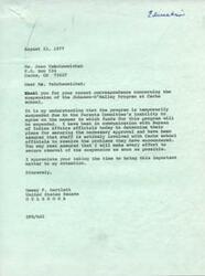 ["The document is from Mrs. Jean Tahchawwichah expressing concern about the suspension of the Johnson-O'Malley Program at Cache school. Senator Dewey F. Bartlett responds, assuring her that efforts are being made to resolve the issue and secure approval to reinstate the program. Mrs. Tahchawwichah is thanked for bringing the matter to his attention."]
