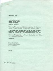["Mrs. Whorton from Concho Indian School in Oklahoma invited Senator Dewey Bartlett to a luncheon on October 21, 1977 with speaker Jose A. Zuni. Senator Bartlett thanked her for the invitation and expressed best wishes for a successful meeting. Mrs. Whorton also informed the Bureau of Indian Affairs about the luncheon details."]