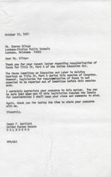 ["Ms. Sharon Silago wrote a letter to Senator Dewey Bartlett expressing her concerns about the reauthorization of funds for Title IV, Part A of the Indian Education Act. Senator Bartlett responded, thanking her for her letter and informing her that legislation for reauthorization is not expected to be reported out of Committee before the session ends. He assured her that he would keep her views in mind when the legislation reaches the Senate for consideration."]
