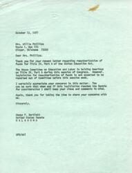["Mrs. Willie Phillips wrote a letter to Senator Dewey F. Bartlett expressing her concerns about the reauthorization of funds for Title IV, Part A of the Indian Education Act. Senator Bartlett responded, stating that the House Committee on Education and Labor is holding hearings on the matter, but legislation is not expected to be reported out of Committee before the session ends. He assured Mrs. Phillips that he will keep her views in mind when the legislation reaches the Senate for consideration. Mrs. Phillips had requested help in preserving Title IV-A, which has provided support for Indian students in the education system."]