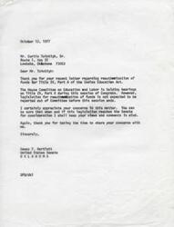 ["Mr. Curtis Tointigh Sr. wrote a letter to Senator Dewey F. Bartlett expressing his support for the reauthorization of funds for Title IV, Part A of the Indian Education Act. Senator Bartlett responded, acknowledging Mr. Tointigh's concerns and informing him that legislation for reauthorization is not expected to be reported out of Committee before the current session of Congress ends. Senator Bartlett assured Mr. Tointigh that he will keep his views in mind when the legislation reaches the Senate for consideration."]