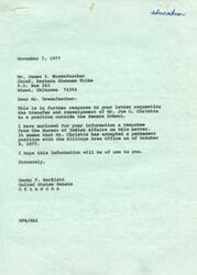 ["The document consists of a series of letters and a petition regarding the transfer and reassignment of Mr. Joe C. Christie from the Seneca Indian School in Oklahoma. The documents discuss Mr. Christie's acceptance of a permanent position elsewhere, as well as concerns about his behavior and actions at the school, including unfair labor tactics and causing disruptions. The petition, signed by members of the Indian Advisory School Board, requests the transfer and reassignment of Mr. Christie due to his actions and behavior."]