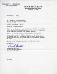 ["The document is a response to a request from Mr. James I. Greenfeather, Chief of the Eastern Shawnee Tribe, regarding the transfer and reassignment of Mr. Joe C. Christie from the Seneca School. It states that Mr. Christie has accepted a permanent position with the Billings Area Office as of October 9, 1977. The Bureau of Indian Affairs confirms that the concerns raised in the petition have been resolved and thanks Senator Dewey F. Bartlett for his interest in the matter."]