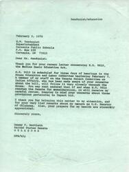 ["Dr. Randquist, the Superintendent of Carnegie Public Schools, wrote to Senator Bartlett expressing concerns about H.R. 9810, the Indian Basic Education Act, and how it may affect their school district's funding under Pubic Law   874. Senator Bartlett assured him that his concerns would be taken into consideration and thanked him for his support. Senator Bartlett also expressed gratitude for Dr. Randquist's kind words and prayers for his health."]