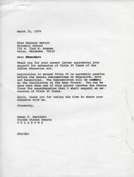 ["The document is from Miss Shannon Martin, a 5th grade student at Mitchell School in Tulsa, Oklahoma, expressing support for the extension of Title IV funds of the Indian Education Act. Senator Dewey F. Bartlett responds, thanking Miss Martin for her letter and expressing his support for the extension of Title IV funds."]
