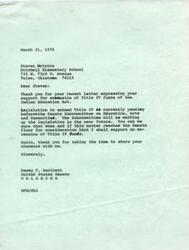 ["Steven Bolutza, a fourth grade student at Mitchell Elementary School in Tulsa, Oklahoma, wrote a letter to Senator Dewey F. Bartlett expressing his support for the extension of Title IV funds of the Indian Education Act. Senator Bartlett responded, thanking Steven for his letter and assuring him of his support for the extension of funds. Steven expressed his appreciation for the Indian Education program and hoped it would continue for other students in the future."]