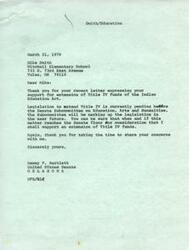 ["Mike Smith, a student at Mitchell Elementary School in Tulsa, Oklahoma, wrote a letter in support of extending Title IV funds of the Indian Education Act. Senator Dewey F. Bartlett responded, thanking Mike for his support and assuring him that he will support the extension of the funds when the legislation reaches the Senate floor. Additionally, Lowell El, a fourth-grade student, also expressed his appreciation for the Indian Program and the special help he receives."]