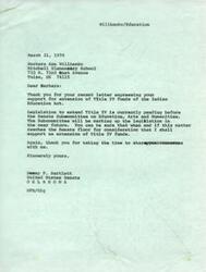 ["Barbara Ann Willbanko wrote a letter to Senator Dewey Bartlett expressing her support for the extension of Title IV funds of the Indian Education Act. Senator Bartlett responded, assuring her that he would support the extension of Title IV funds when the legislation reaches the Senate floor for consideration. Willbanko thanked him for the special help she receives with her school work through the Indian Program."]