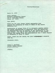 ["David Gulutza wrote a letter to Senator Dewey F. Bartlett expressing his support for the extension of Title IV funds of the Indian Education Act. Senator Bartlett responded, thanking David for his letter and assuring him of his support for the extension of the funds. David also mentioned his enjoyment of his class at Mitchell Elementary School."]