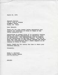 ["Kenneth Perrier, a student at Mitchell School, wrote a letter to Senator Dewey Bartlett expressing his support for the extension of Title IV funds of the Indian Education Act. Senator Bartlett responded, thanking Kenneth for his support and assuring him that he will support the extension of the funds in the Senate. Kenneth expressed his desire for the program to continue for three more years and mentioned that he enjoys activities such as teepees, pottery, and bead work."]