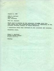 ["The document is a letter from John K. Ballard to Senator Dewey Bartlett expressing gratitude for supporting the nomination of Mrs. Ruby Ludwig for the National Advisory Council on Indian Education. It mentions Mrs. Ludwig's qualifications and accomplishments, and emphasizes the importance of Indian women being active in politics. The document also includes an article from the Grove Leader highlighting Mrs. Ludwig's achievements."]