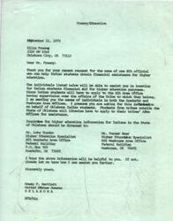["The document is a response to Mr. Ellis Freeny's request for information on obtaining financial assistance for higher education for Indian students. The document provides the names of individuals in the Anadarko and Muskogee Area Offices who can assist in locating financial aid for Indian students. It also states that Indian students will need to apply to the BIA Area Office overseeing their tribe for assistance. The document provides contact information for higher education specialists in both offices and offers further assistance if needed."]