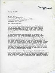 ["The document is from Dewey F. Bartlett to Commissioner Bell regarding the return of funds by Broken Arrow Public School to the Indian Education Division. Bartlett requests that a portion of the returned funds be used to fund the Indian Education Project at Cache School in Oklahoma. Bartlett also questions why the funds are returned to the United States Treasury instead of the Indian Education Division and asks for information on the extent to which funds are returned and how they could be used effectively for additional projects."]