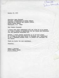 ["Dewey F. Bartlett, a member of the United States Senate from Oklahoma, is unable to attend a hearing on regulations for the Indian Self-Determination and Education Assistance Act. He requests that Mr. Ed Monss of the Creek Nation of Oklahoma be allowed to present his testimony for the record in his absence."]