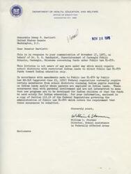 ["The document is a response to Senator Bartlett's inquiry regarding the use of funds under Public Law 81-874 for Indian education in Carnegie Public Schools. The Department of Health, Education, and Welfare states that there is no requirement for school districts with restricted Indian lands to solely use these funds for Indian education. Federal regulations require certain assurances from school districts with Indian pupils, but these assurances do not mandate new programs for Indian children. The document includes a copy of the relevant section of the Federal Regulations for reference."]