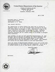 ["The document is a series of correspondences regarding an incident that occurred at the Fort Sill Indian School on November 1, 1975. The incident involved intoxicated students who became violent and attacked staff members, leading to police involvement and several students being taken into custody. The Bureau of Indian Affairs sent qualified personnel to the school to address the situation, and they provided a report to Senator Dewey F. Bartlett regarding the incident. Actions were taken to remedy the situation, and the school administration was normalized after the return of key personnel."]