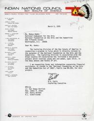 ["The Boy Scouts of America's Exploring Division in Tulsa is conducting a project related to arts and humanities, involving young people aged 14-21. They are seeking financial assistance from the National Foundation on the Arts and the Humanities. The document is signed by Bill requesting forms and information for the project."]