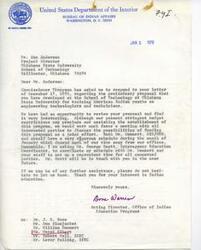 ["The document is a response from the United States Department of the Interior, Bureau of Indian Affairs to a proposal from Oklahoma State University for training American Indian youths as engineering technologists and technicians. While they find the proposal interesting, budget restrictions may prevent them from assisting in establishing the program. They express interest in discussing funding possibilities and coordinating a meeting with all interested parties. They assure further assistance if needed and thank the recipient for their interest in Indian education."]