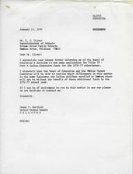 ["The document is from Dewey Bartlett, a United States Senator, to C.G. Oliver, the Superintendent of Schools in Broken Arrow, Oklahoma. Bartlett expresses disappointment that the Board of Education has decided not to apply for Title IV - Part A Indian Education funds for the 1976-77 school year due to disagreements with the Indian Parent Committee. Bartlett offers his assistance in resolving the matter and keeping the Indian children enrolled at Broken Arrow from missing out on the additional funds. The document also mentions the return of funds allocated for the 1975-76 fiscal year project and the potential purchase of equipment for educational purposes. Bartlett expresses appreciation for Oliver's efforts and involvement in the project."]